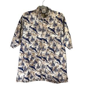RUM REGGAE 100% Cotton Brown Dress Shirt Fish Print Size L